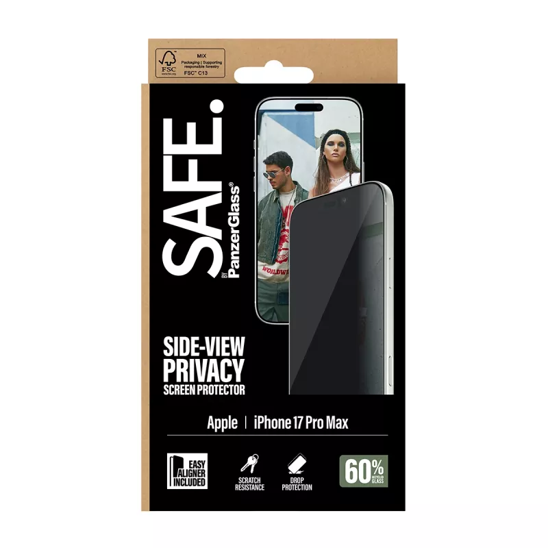 PanzerGlass SAFE. by ® 2-Way Privacy Screen Protector iPhone 17 Pro Max | Ultra-Wide Fit con EasyAligner