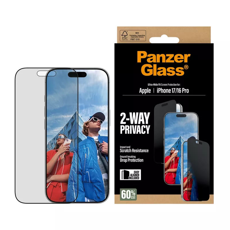 PanzerGlass ® 2-Way Privacy Screen Protector iPhone 17 | iPhone 16 Pro | Ultra-Wide Fit con EasyAligner