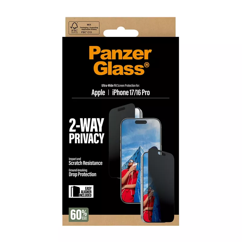 PanzerGlass ® 2-Way Privacy Screen Protector iPhone 17 | iPhone 16 Pro | Ultra-Wide Fit con EasyAligner