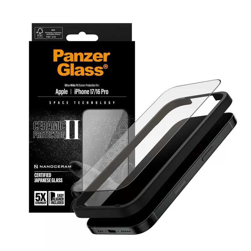 PanzerGlass ® Ceramic II pellicola protettiva per display iPhone 17 | iPhone 16 Pro | Ultra-Wide Fit con EasyAligner