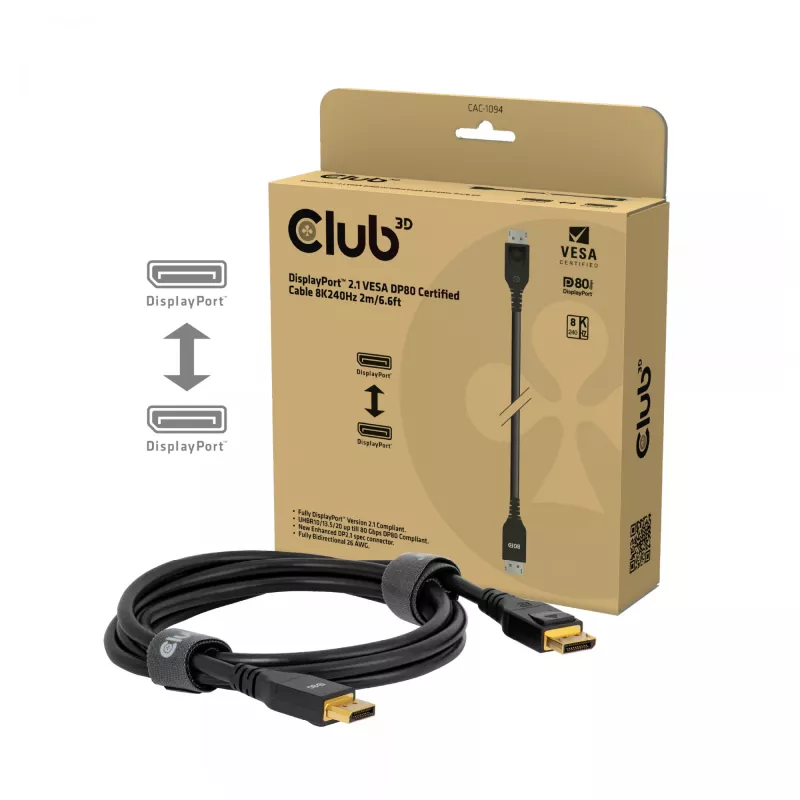 Club 3D CAC-1094 cavo DisplayPort 2.1 certificato VESA DP80 8K 240 Hz, 2 m (6,56 ft), nero