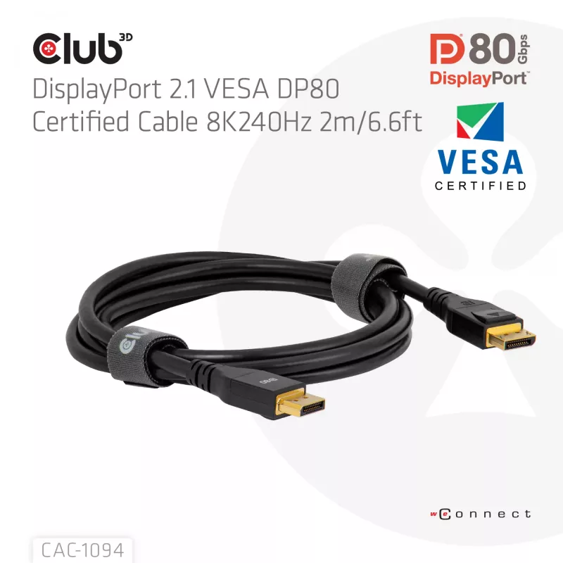 Club 3D CAC-1094 cavo DisplayPort 2.1 certificato VESA DP80 8K 240 Hz, 2 m (6,56 ft), nero