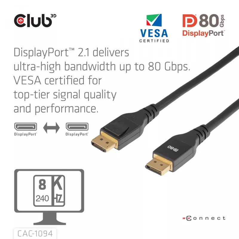 Club 3D CAC-1094 cavo DisplayPort 2.1 certificato VESA DP80 8K 240 Hz, 2 m (6,56 ft), nero