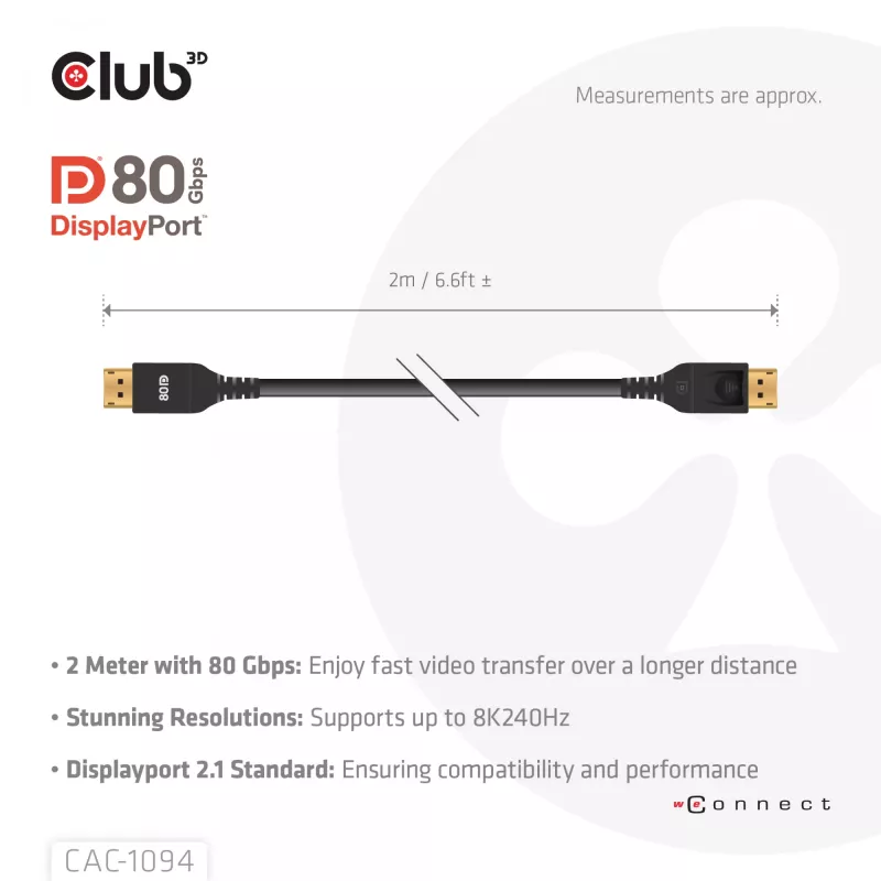Club 3D CAC-1094 cavo DisplayPort 2.1 certificato VESA DP80 8K 240 Hz, 2 m (6,56 ft), nero