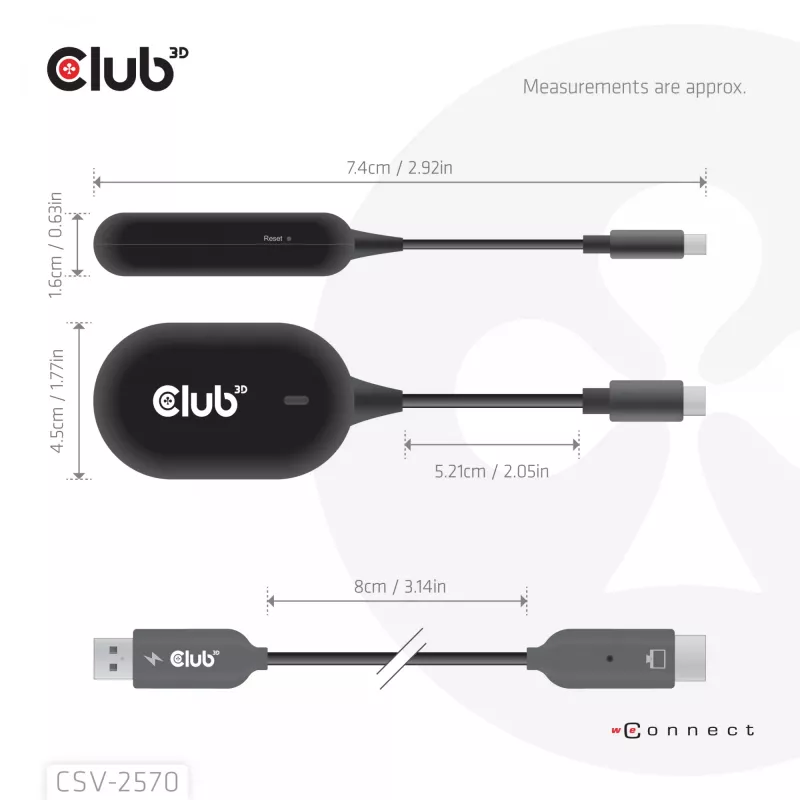 CLUB3D Wireless USB-C® to HDMI™, 1920 x 1080 Pixel, trasmettitore e ricevitore AV, con filo e wireless, nero, HDCP