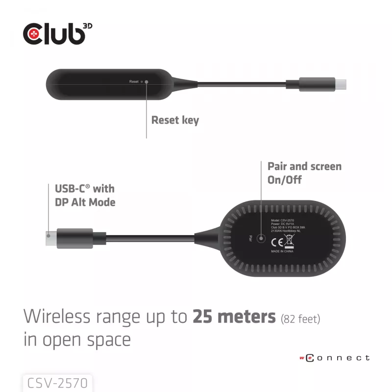 CLUB3D Wireless USB-C® to HDMI™, 1920 x 1080 Pixel, trasmettitore e ricevitore AV, con filo e wireless, nero, HDCP