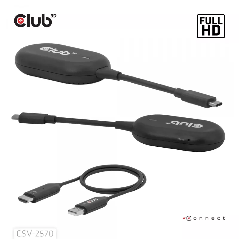 CLUB3D Wireless USB-C® to HDMI™, 1920 x 1080 Pixel, trasmettitore e ricevitore AV, con filo e wireless, nero, HDCP