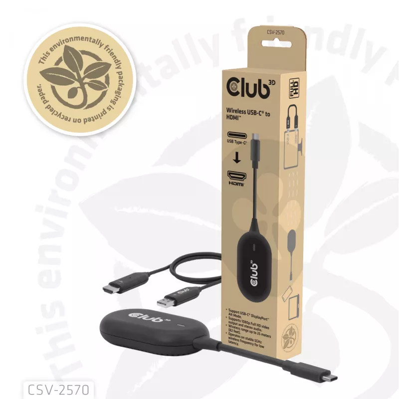 CLUB3D Wireless USB-C® to HDMI™, 1920 x 1080 Pixel, trasmettitore e ricevitore AV, con filo e wireless, nero, HDCP