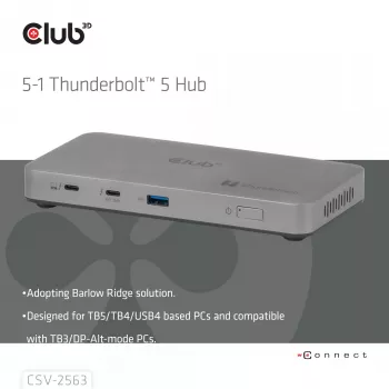 CLUB3D CSV-2563 hub Thunderbolt™ 5 5-in-1 triplo video 5K60Hz Thunderbolt™ Share certificato 180 W