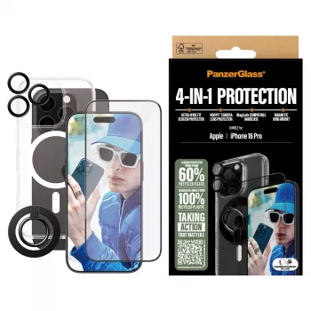 PanzerGlass ® bundle protezione 4-in-1 iPhone 16 Pro, Apple, Apple - iPhone 16 Pro, applicazione a secco, antigraffio, antiurto, trasparente, 1 pezzo