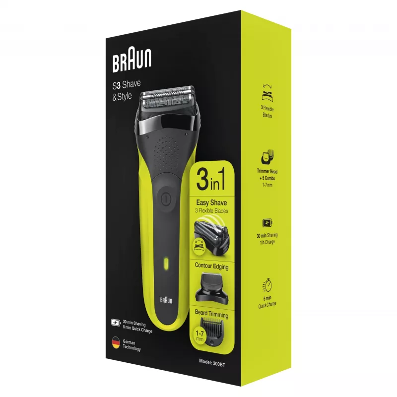 Braun Series 3 Shave&Style 300BT rasoio elettrico, rasoio per uomo, nero/Volt Green