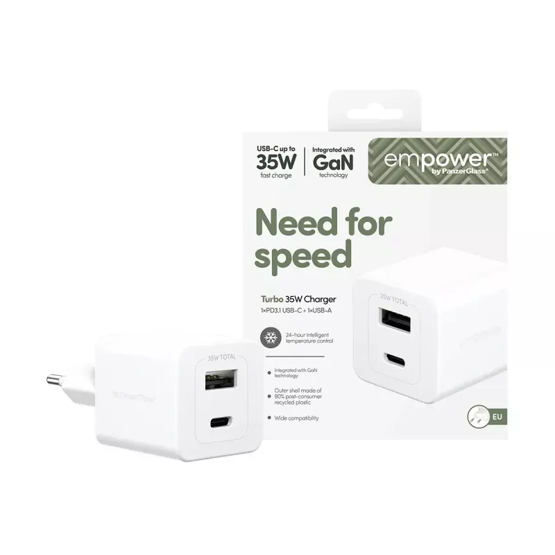 PanzerGlass empower™ by ® Turbo 35W caricabatterie incl. USB-C + USB-A | spina EU | bianco argento