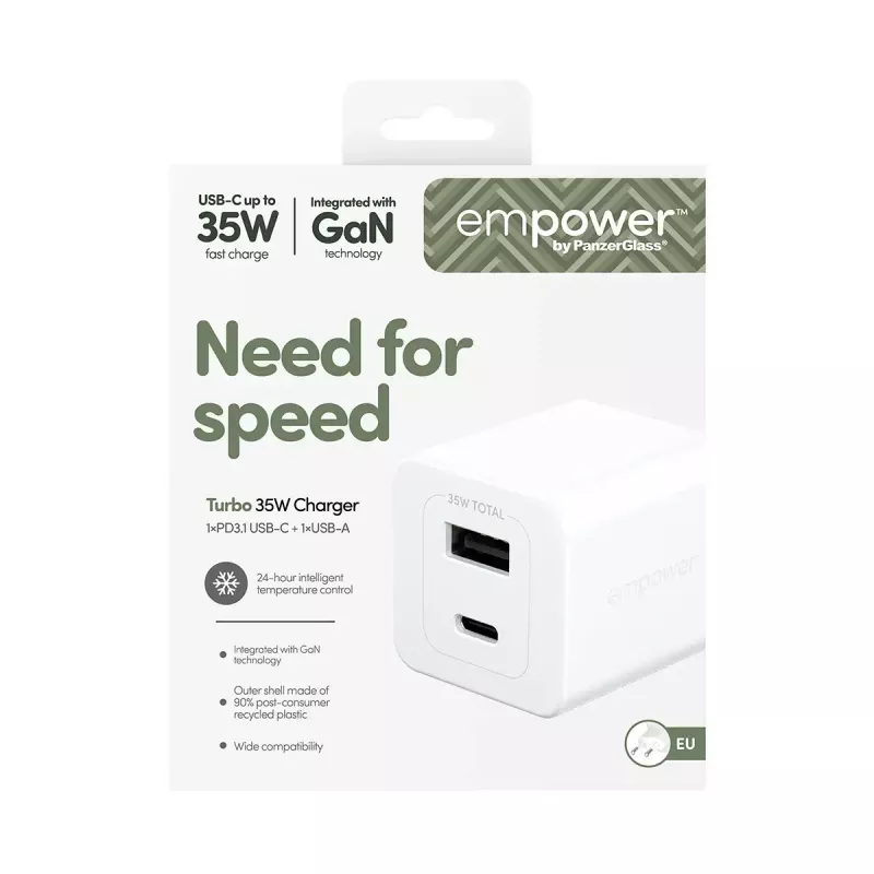 PanzerGlass empower™ by ® Turbo 35W caricabatterie incl. USB-C + USB-A | spina EU | bianco argento