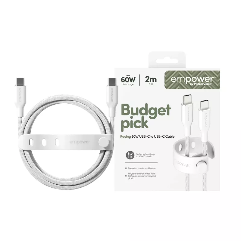PanzerGlass empower™ by ® Racing cavo USB-C a USB-C 60W | USB 2.0 | 2 m | bianco argento