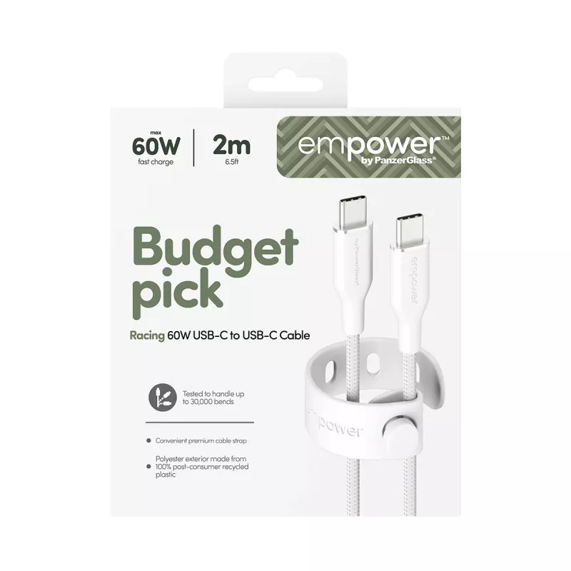 PanzerGlass empower™ by ® Racing cavo USB-C a USB-C 60W | USB 2.0 | 2 m | bianco argento