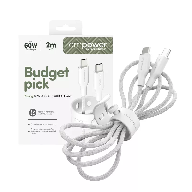 PanzerGlass empower™ by ® Racing cavo USB-C a USB-C 60W | USB 2.0 | 2 m | bianco argento