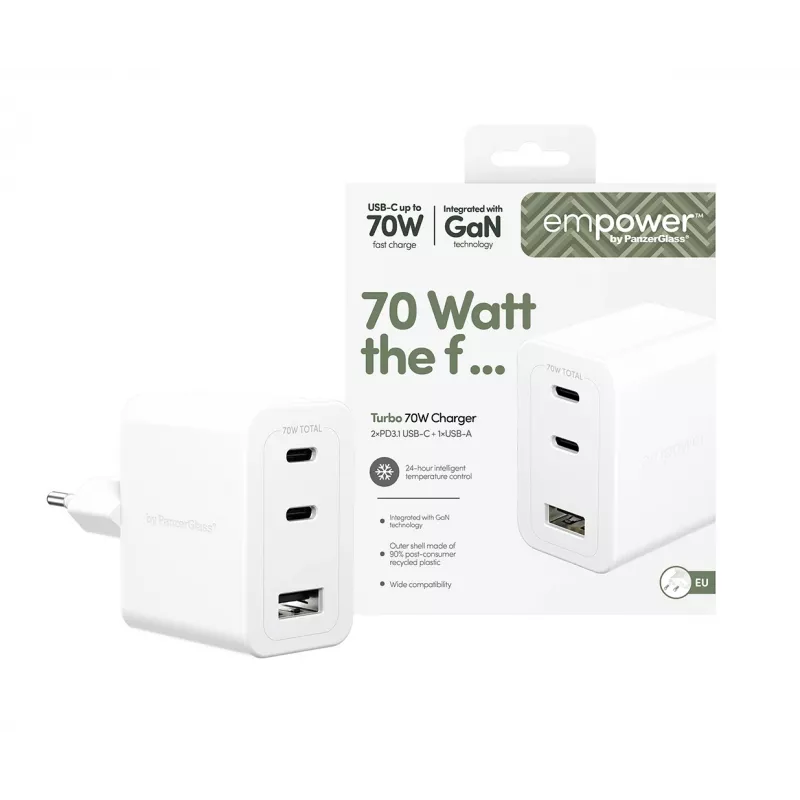 PanzerGlass empower™ by ® Turbo 70W caricabatterie multiplo incl. 2 x USB-C + USB-A | spina EU | bianco argento