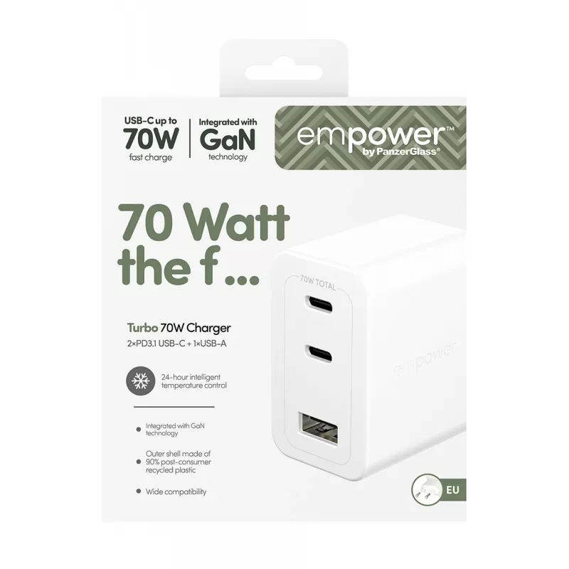 PanzerGlass empower™ by ® Turbo 70W caricabatterie multiplo incl. 2 x USB-C + USB-A | spina EU | bianco argento