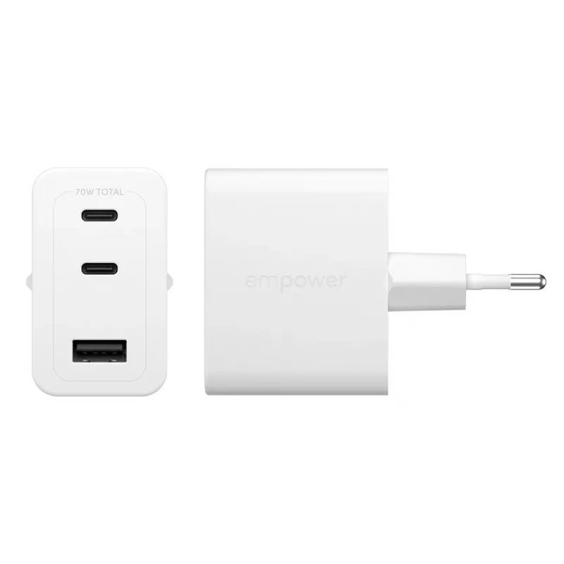 PanzerGlass empower™ by ® Turbo 70W caricabatterie multiplo incl. 2 x USB-C + USB-A | spina EU | bianco argento