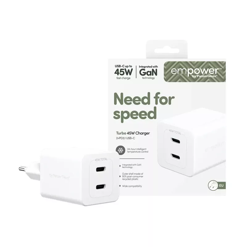 PanzerGlass empower™ by ® Turbo 45W caricabatterie incl. 2 x USB-C | spina EU | bianco argento