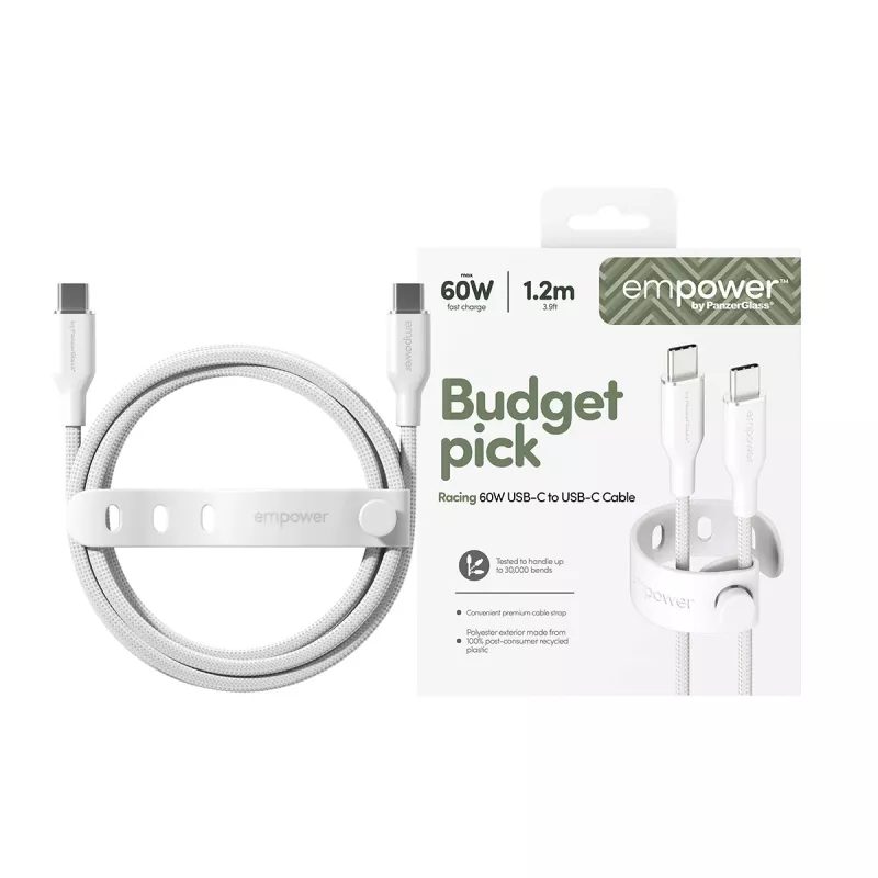 PanzerGlass empower™ by ® Racing cavo USB-C a USB-C 60W | USB 2.0 | 1,2 m | bianco argento
