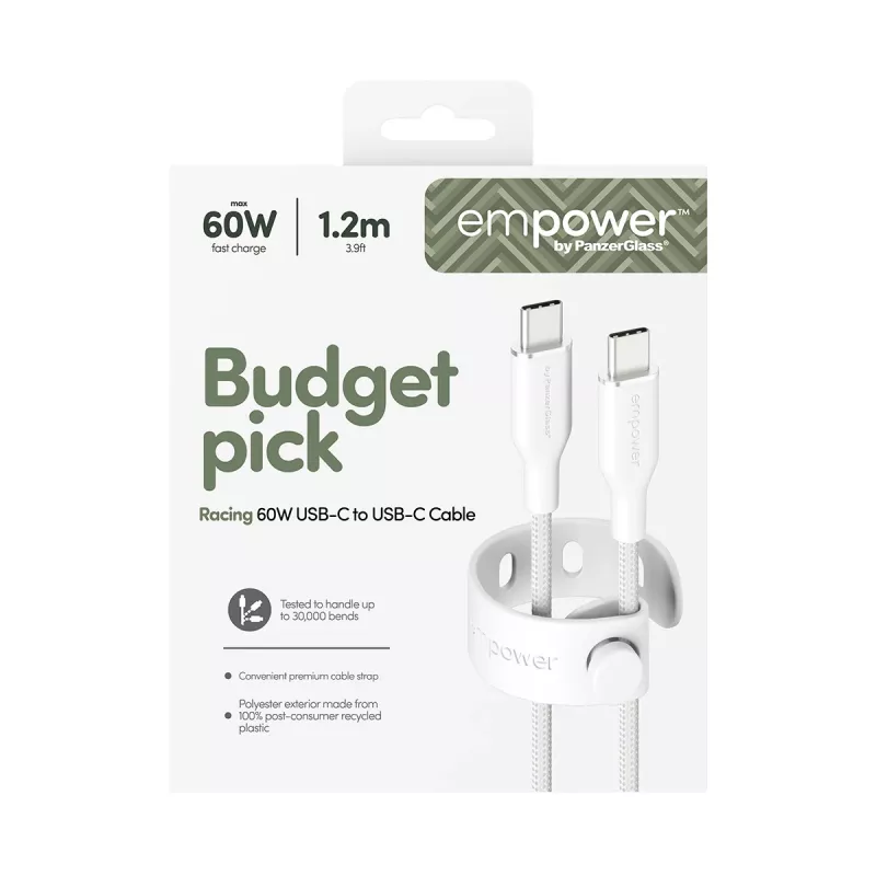PanzerGlass empower™ by ® Racing cavo USB-C a USB-C 60W | USB 2.0 | 1,2 m | bianco argento