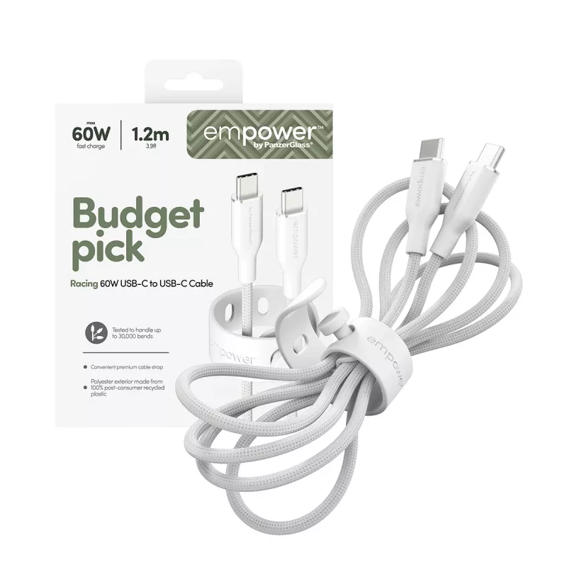 PanzerGlass empower™ by ® Racing cavo USB-C a USB-C 60W | USB 2.0 | 1,2 m | bianco argento