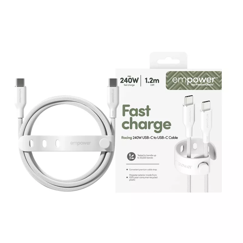 PanzerGlass empower™ by ® Racing cavo USB-C a USB-C 240W | USB 2.0 | 1,2 m | bianco argento