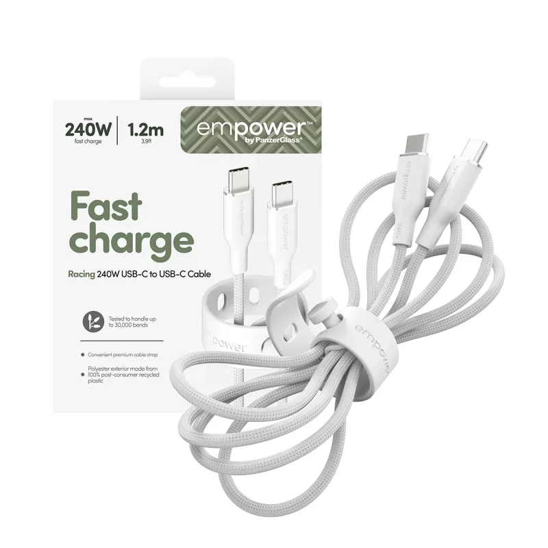 PanzerGlass empower™ by ® Racing cavo USB-C a USB-C 240W | USB 2.0 | 1,2 m | bianco argento