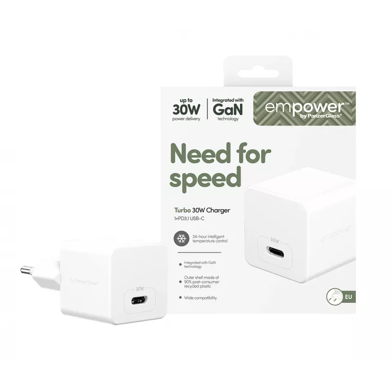 PanzerGlass empower™ by ® Turbo Caricabatterie 30W Singolo USB-C | Spina EU | Argento Bianco