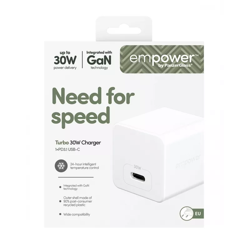 PanzerGlass empower™ by ® Turbo Caricabatterie 30W Singolo USB-C | Spina EU | Argento Bianco
