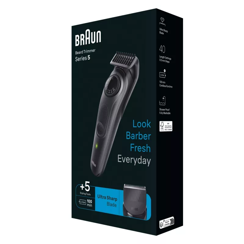 Braun BeardTrimmer 5 BT5430 Tagliabarba Batteria 40 2 cm Bagno e Asciutto Nero