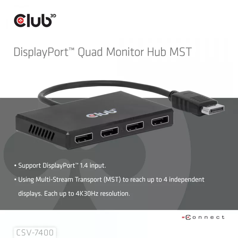 Hub CLUB3D Quad DisplayPort™ – 4 x risoluzione 4K @ 30Hz, supporto MST