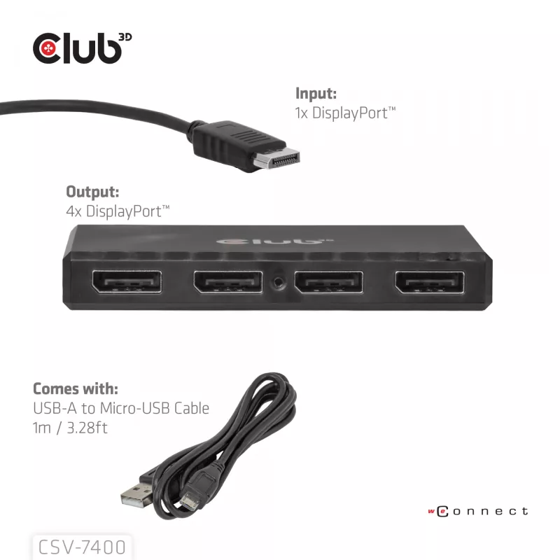 Hub CLUB3D Quad DisplayPort™ – 4 x risoluzione 4K @ 30Hz, supporto MST
