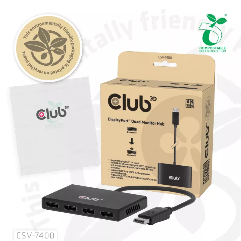 Hub CLUB3D Quad DisplayPort™ – 4 x risoluzione 4K @ 30Hz, supporto MST