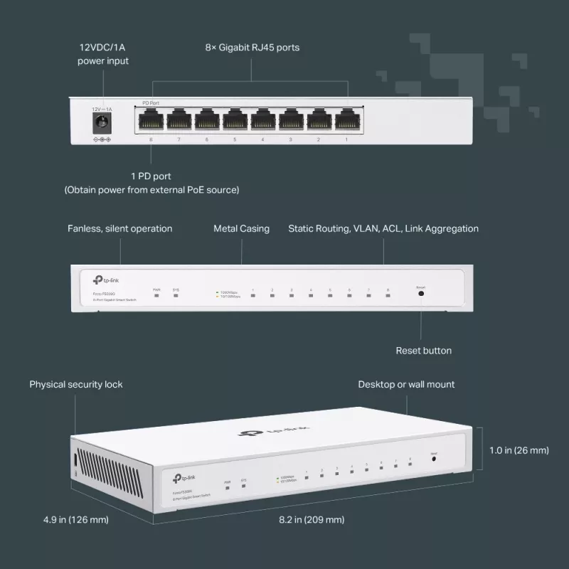 Switch gestito TP-Link Festa FS308G, 8 porte Gigabit, L2/L2+, bianco