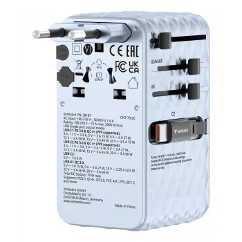 Verbatim Charge 'n' Travel 70W 2C adattatore universale da viaggio con cavo retrattile blu