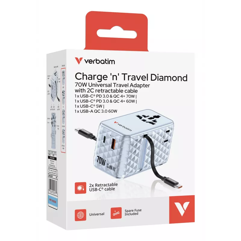 Verbatim Charge 'n' Travel 70W 2C adattatore universale da viaggio con cavo retrattile blu