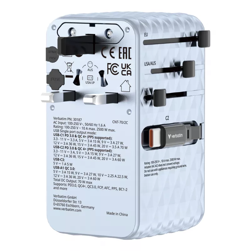 Verbatim Charge 'n' Travel 70W 2C adattatore universale da viaggio con cavo retrattile blu
