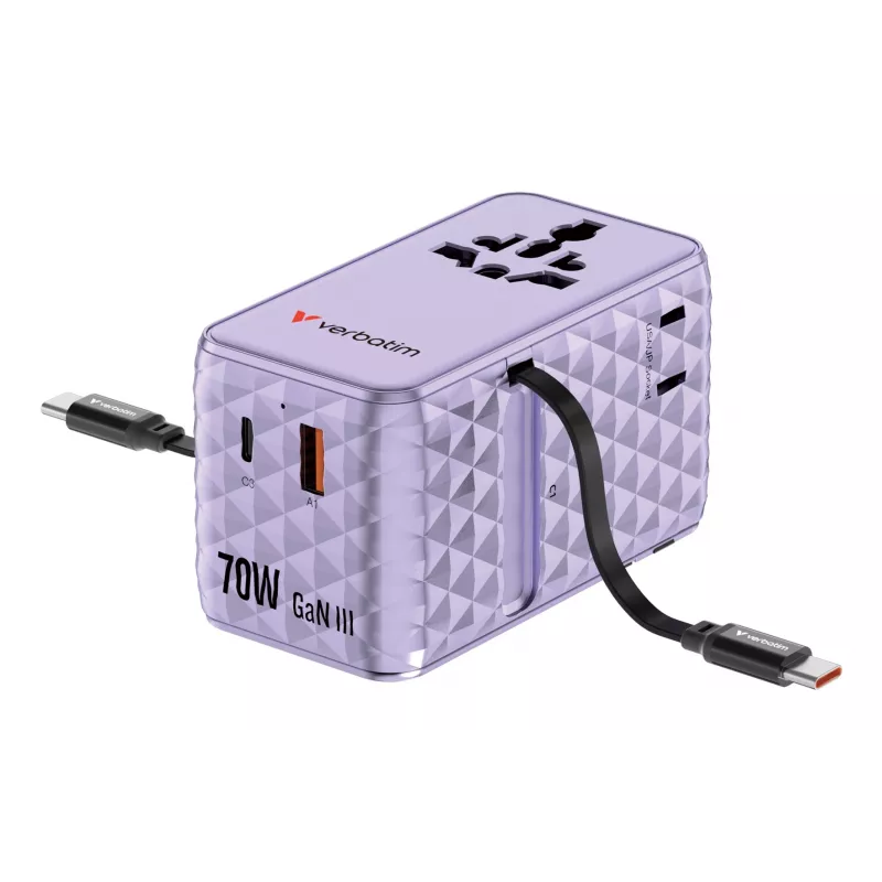 Verbatim Charge 'n' Travel 70W 2C adattatore universale da viaggio con cavo retrattile viola