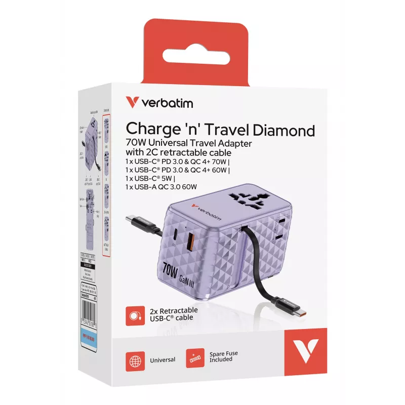 Verbatim Charge 'n' Travel 70W 2C adattatore universale da viaggio con cavo retrattile viola