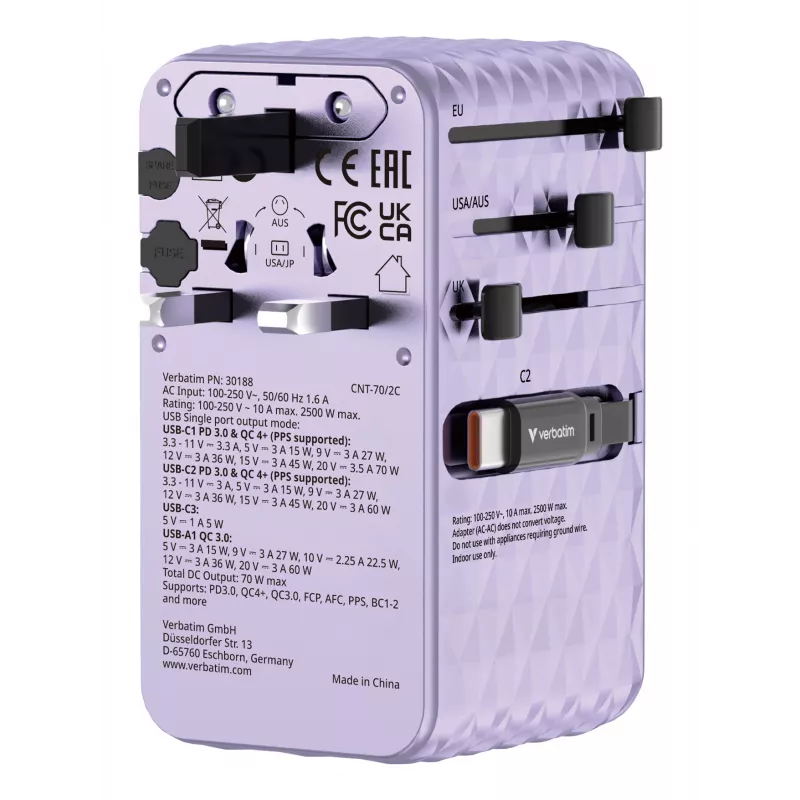 Verbatim Charge 'n' Travel 70W 2C adattatore universale da viaggio con cavo retrattile viola