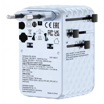 Verbatim Charge 'n' Travel 100W adattatore universale da viaggio con cavo retrattile blu