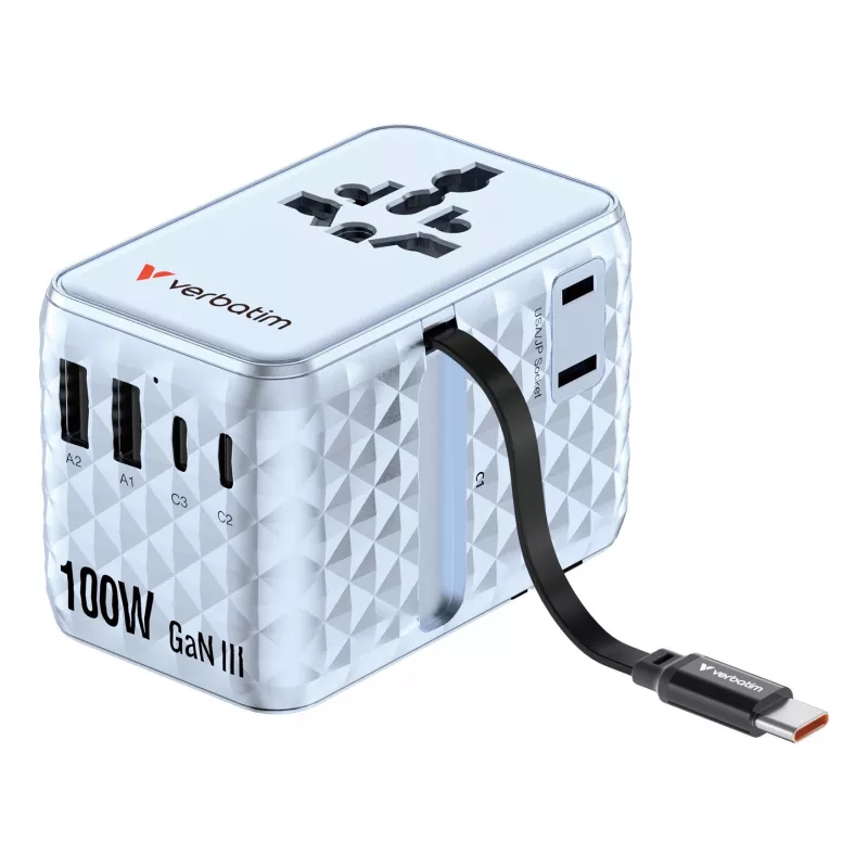 Verbatim Charge 'n' Travel 100W adattatore universale da viaggio con cavo retrattile blu