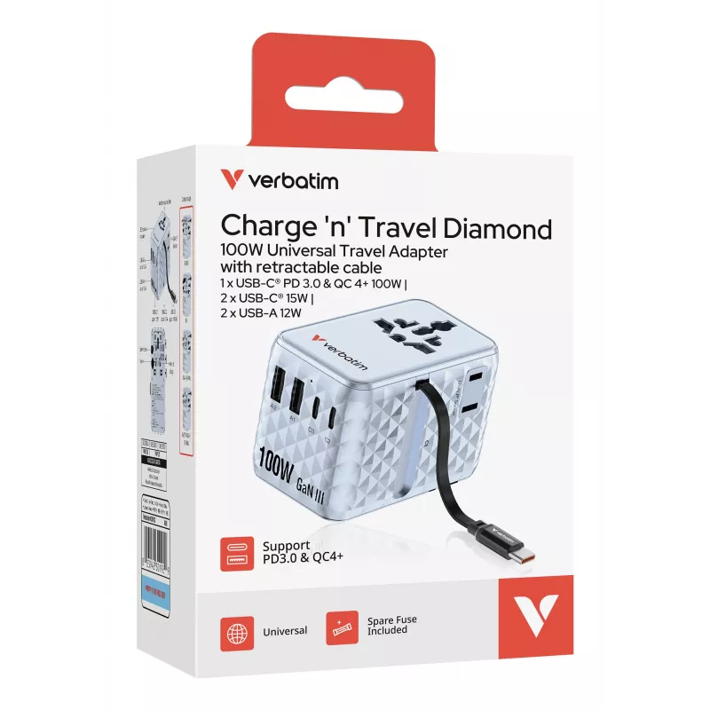 Verbatim Charge 'n' Travel 100W adattatore universale da viaggio con cavo retrattile blu