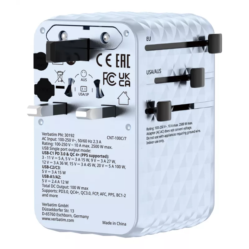 Verbatim Charge 'n' Travel 100W adattatore universale da viaggio con cavo retrattile blu
