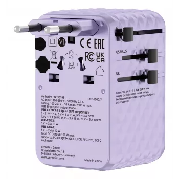 Verbatim Charge 'n' Travel 100W adattatore universale da viaggio con cavo retrattile lilla