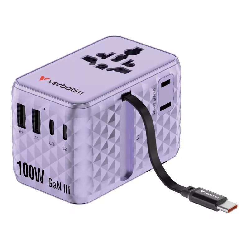 Verbatim Charge 'n' Travel 100W adattatore universale da viaggio con cavo retrattile lilla