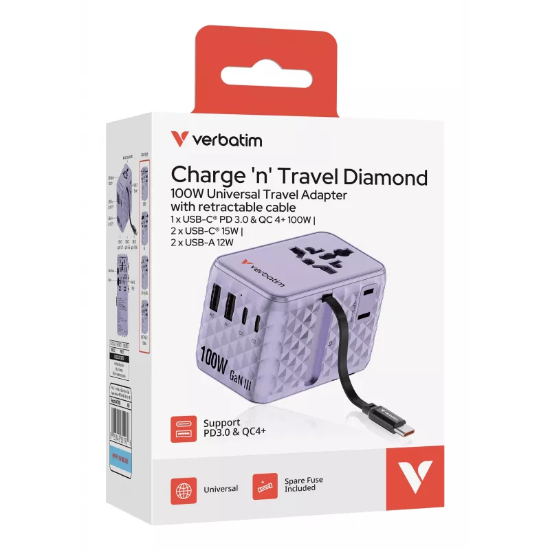 Verbatim Charge 'n' Travel 100W adattatore universale da viaggio con cavo retrattile lilla