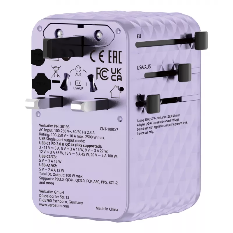Verbatim Charge 'n' Travel 100W adattatore universale da viaggio con cavo retrattile lilla